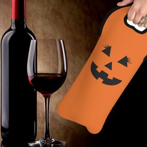 Girly Jack-o-lantern Wine Tote Bag Halloween Parties and Gifts - Fall Hostess Gift, Girl&#39;s Night Out, Pumpkin Patch Adventures, Gift for Her