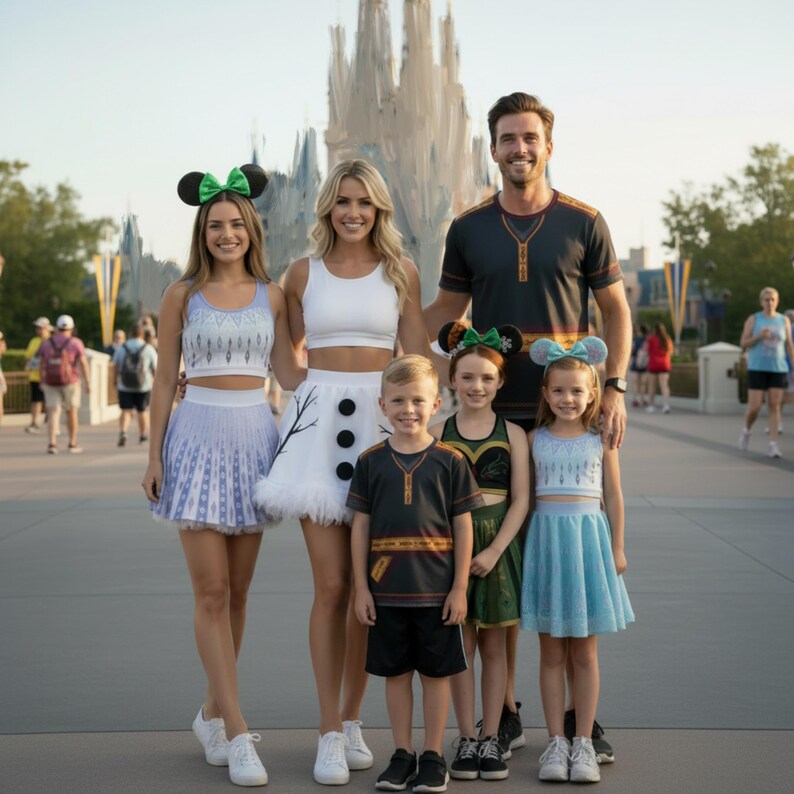 May include: A family of seven poses in front of a castle. The group is wearing themed outfits, including matching tops and skirts, a snowman-inspired skirt, and black shirts with gold accents. Each person is wearing mouse ears with bows.