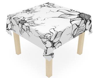 Black and White Floral Tablecloth, Bohemian Botanical Design