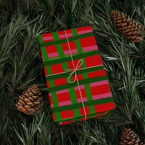Plaid Holiday Wrapping Paper Roll | Red, Green & Pink image 7