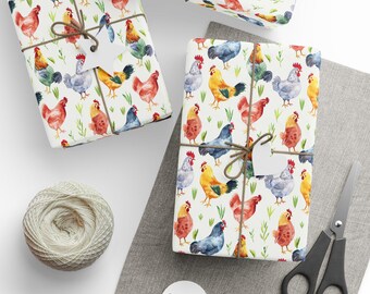 May include: Gift-wrapped packages with a colorful chicken pattern. The gifts are tied with twine and blank tags. A ball of twine, scissors, and additional tags are also visible, suggesting a crafting or gift-giving theme.