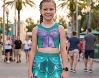 Mermaid Princess Crop Top Sports Bra | Cosplay Birthday Park Activewear | Girls Under the Sea Princess Inspired