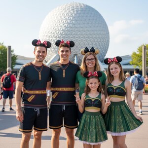May include: A group of five people wearing matching outfits and Mickey Mouse ear headbands posing in front of a large white geodesic sphere. The outfits include black shorts and tops with decorative trim, and green and black dresses.