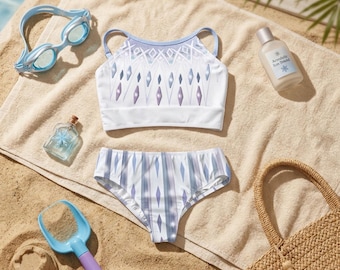 Girls Crop Top two-piece Shoulder Ice Fractal bikini swimsuit | Nordic Queen princess sister character Cruise swim birthday outfit