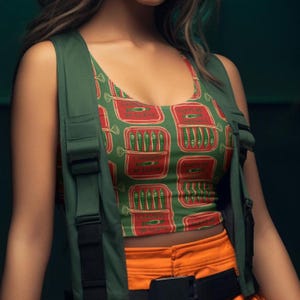 Puede incluir: Un chaleco verde y una camiseta sin mangas con un estampado de latas de sardinas. La camiseta sin mangas tiene un diseño de latas de sardinas rojas y verdes con las palabras "FILETS DE SARDINES" impresas. El chaleco es verde oliva y tiene correas negras.