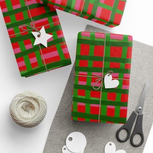 Plaid Holiday Wrapping Paper Roll | Red, Green & Pink image 9