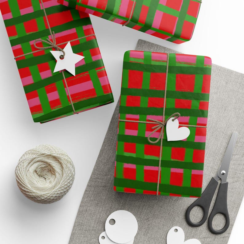 Plaid Holiday Wrapping Paper Roll | Red, Green & Pink image 9
