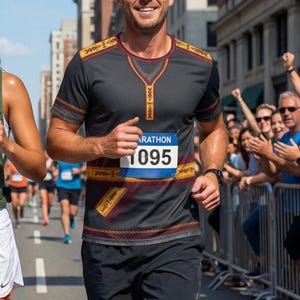 May include: A runner in a marathon wearing a dark gray athletic shirt with decorative gold and burgundy patterns. The shirt has the number 1095 on the front. The runner is smiling and surrounded by spectators.