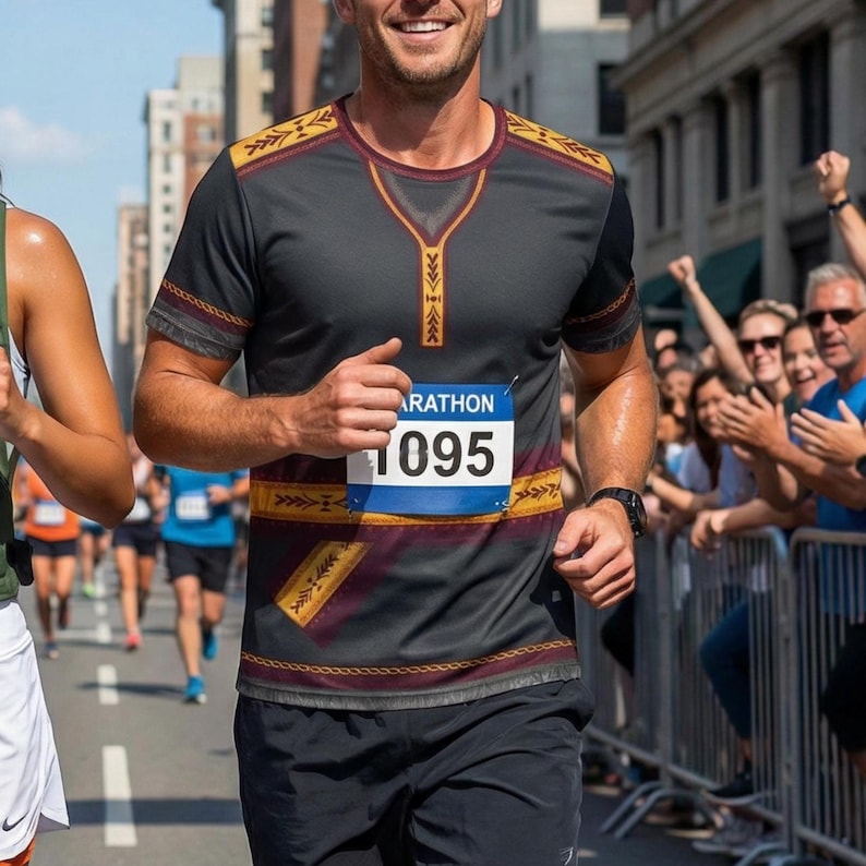 May include: A runner in a marathon wearing a dark gray athletic shirt with decorative gold and burgundy patterns. The shirt has the number 1095 on the front. The runner is smiling and surrounded by spectators.