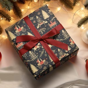 Rotolo di carta da regalo natalizia vintage - Scena forestale con slitta vintage Bellissimo classico Unico che spicca riciclabile regalo per le feste