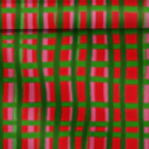 May include: Abstract fabric pattern featuring a grid of vertical and horizontal lines. The design incorporates a vibrant color palette of red, green, and pink, creating a visually dynamic and modern aesthetic. The fabric's texture appears soft and flowing.
