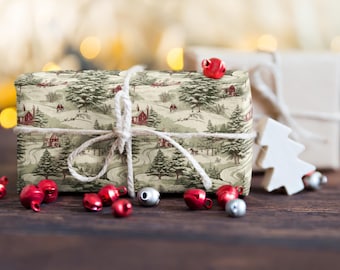Over The River and Through The wood Winter Christmas village classic vintage scene retro wrapping paper roll - gift wrap Holiday Beautiful