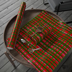 Plaid Holiday Wrapping Paper Roll | Red, Green & Pink image 8