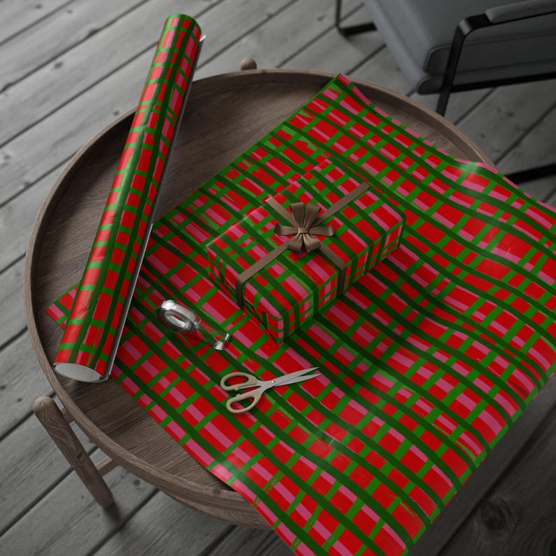 Plaid Holiday Wrapping Paper Roll | Red, Green & Pink image 8