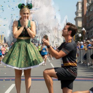 May include: A man kneels to propose to a woman in a Disney-themed outfit during a marathon. The woman wears a green and gold skirt and top, with a matching headband. The man holds a ring box, and confetti falls around them.