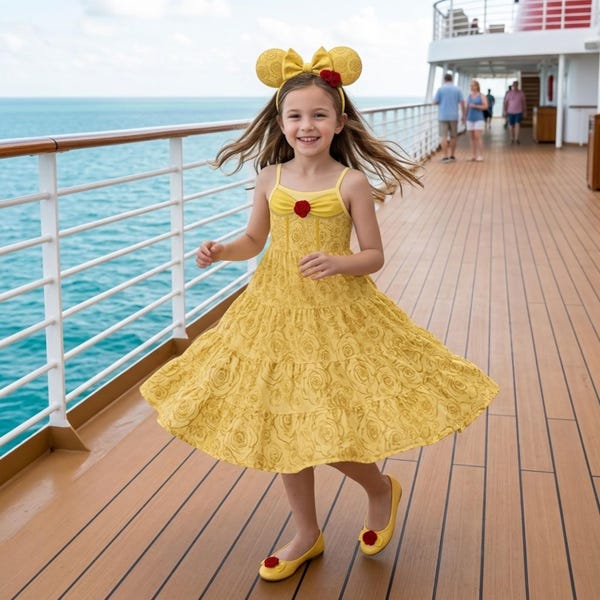 Belle Princess meisjes tween tienerjurk | Gelaagde zomerjurk met betoverde roos | Op Belle en het Beest geïnspireerde verjaardagsparkoutfit in Disney-stijl
