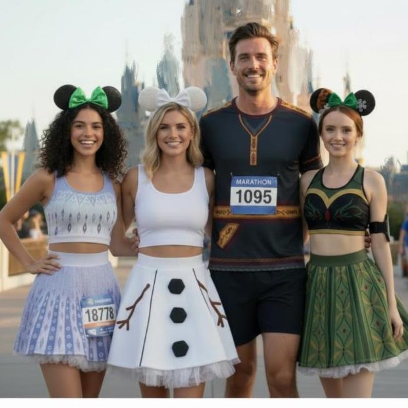 May include: Four people in themed running outfits pose in front of a castle. Two women wear matching skirts and crop tops, one with a blue and white pattern, the other with a white skirt and black buttons. The man wears a black running shirt with the number 1095.