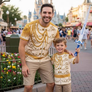 May include: A father and son in matching cream t-shirts with gold trim and decorative detailing. The son holds a blue and white toy sword. They are smiling in front of a castle, likely at a theme park.
