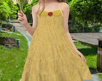 Vestido de princesa Bella para niñas preadolescentes y adolescentes / Vestido de verano escalonado Rosa Encantada / Conjunto de cumpleaños inspirado en La Bella y la Bestia de Disneybound