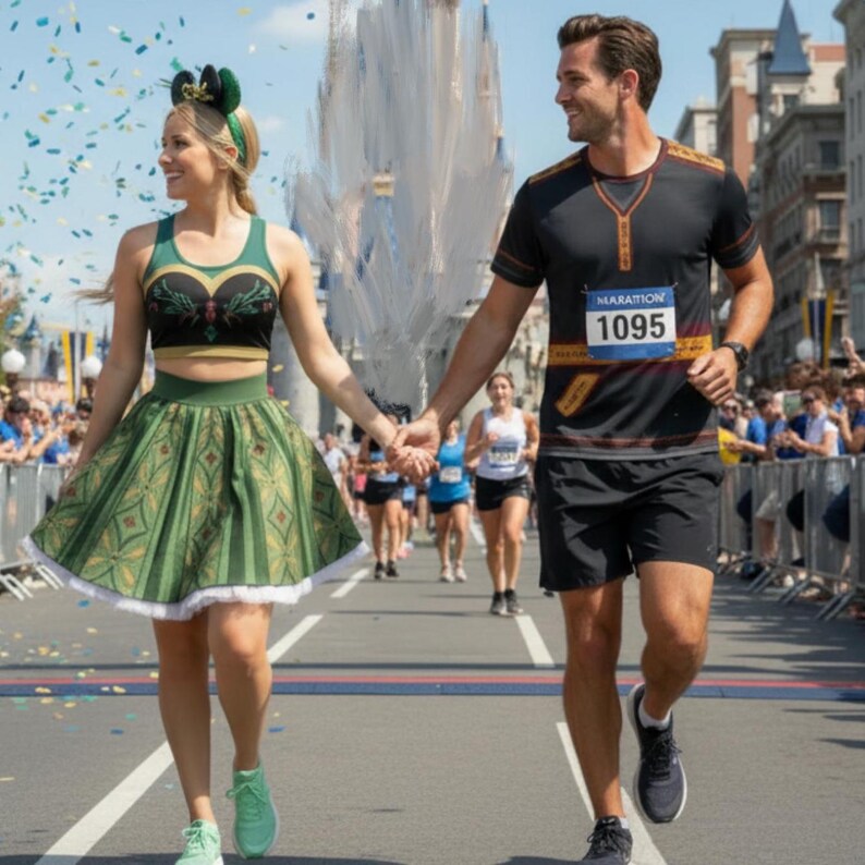 May include: A couple in themed running attire, holding hands and smiling, crossing a marathon finish line. The woman wears a green and black crop top and skirt, while the man sports a black shirt with a marathon bib. Confetti falls around them.