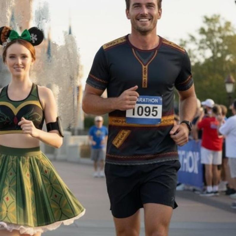 May include: A runner wearing a black and gold patterned running shirt with the number 1095 on the front. The shirt has a decorative design around the neckline and sleeves. The runner is wearing black shorts and a watch. A woman in a green and black outfit is next to the runner.