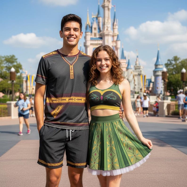 May include: A couple poses in front of a castle, both wearing themed outfits. The person on the left wears a black shirt and shorts with gold and red accents. The person on the right wears a green and black crop top and skirt.