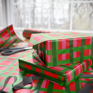 Plaid Holiday Wrapping Paper Roll | Red, Green & Pink image 6