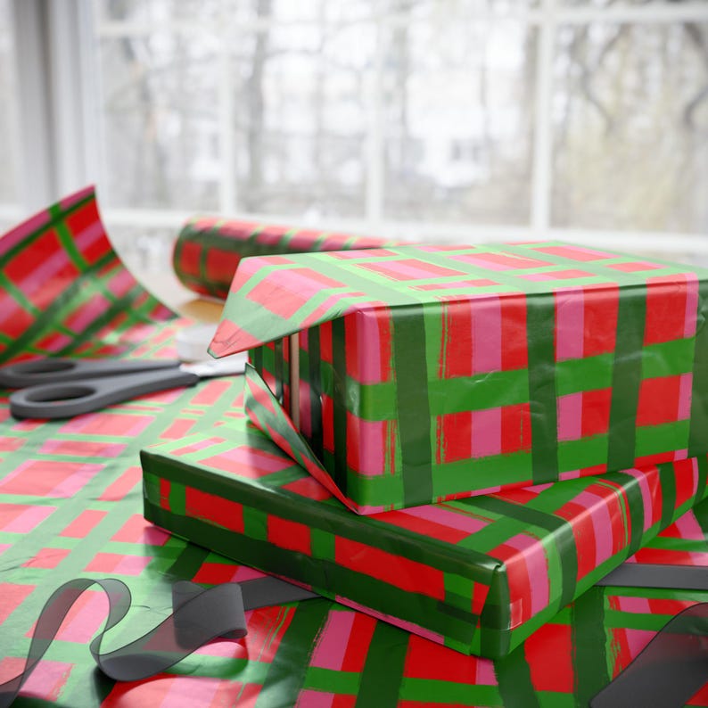 Plaid Holiday Wrapping Paper Roll | Red, Green & Pink image 6