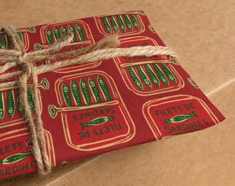 Retro Sardine Tin Print Wrapping Paper - Red Holiday Edition