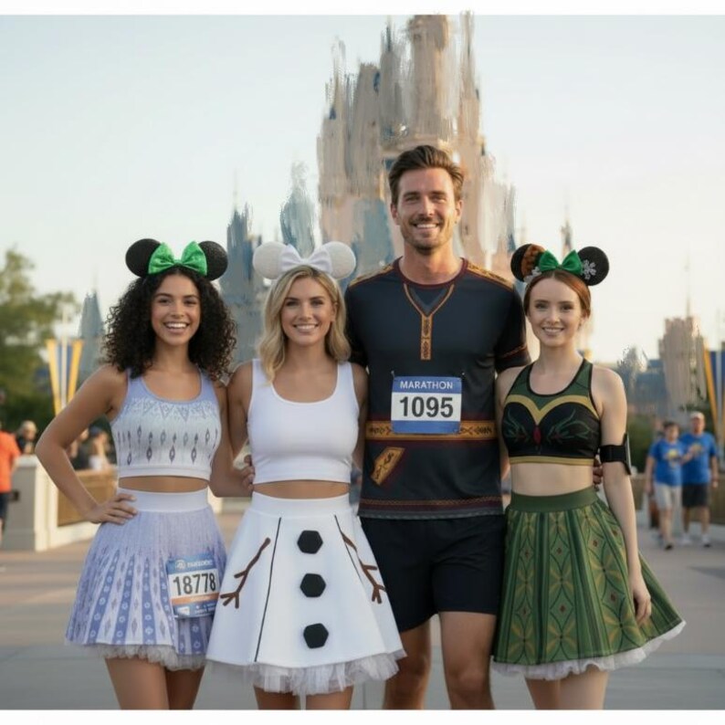 May include: Four individuals wearing themed athletic apparel including crop tops, skirts, and a t-shirt. The outfits feature patterns inspired by characters, with race bibs numbered 18778 and 1095. Accessories include mouse ear headbands.