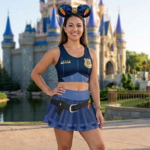 May include: A dark blue athletic crop top and matching pleated skirt set featuring a police uniform print with a gold badge, five stars, and a black belt graphic. The outfit is paired with dark blue sequined ears featuring carrot accents.