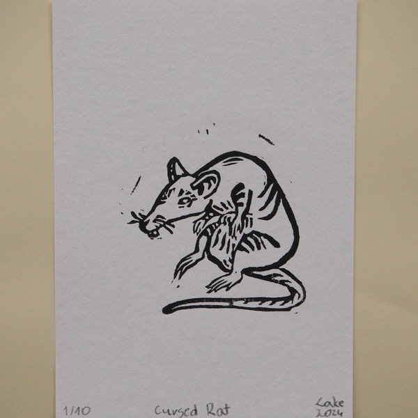 Cursed Rat in Black Linocut Print | Unique Original Handmade Artwork