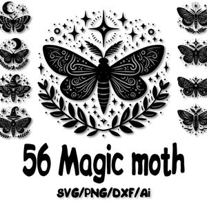 56 Moth SVG, Moths Clipart, Moth SVG Bundle, Moth Line Drawing, Cut File for Cricut, Diecut, Silhouette, Logo, Sublimation Black Outline PNG