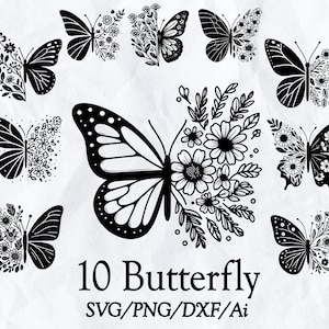 10 Schmetterling SVG-Bundle, Schmetterling Clipart, Schmetterling PNG, Cut-Datei für Cricut, Silhouette, Logo, Sublimation, schwarze Umrandung