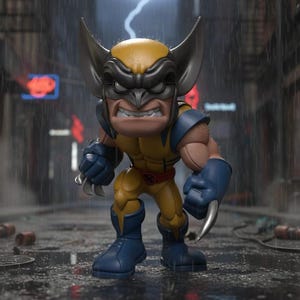 Peut inclure: Figurine stylisée de Wolverine dans une ruelle pluvieuse. La figurine est jaune et bleue avec des griffes argentées, un masque noir et de grandes oreilles. La figurine est en position de combat, avec une expression déterminée.