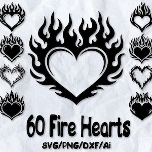 60 炎のハート SVG バンドル PNG、炎のハート SVG PNG、炎のハート クリップアート、クリカット シルエット カッティング ファイル、デジタル ダウンロード、炎のハート クリップアート