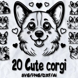 20 schattige Corgi Dog SVG-bundel, kawaii puppy clipart, cartoon hond vector voor Cricut, stickers, sublimatie en lasergesneden, Corgi ontwerpen, png