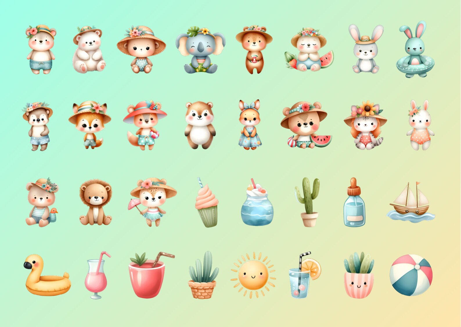 Summer Animals Clipart, Summer Watercolor Clipart, Hello Summer PNG