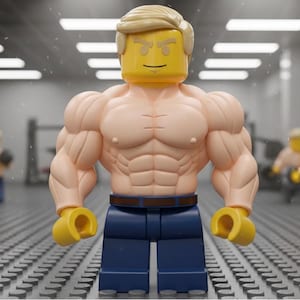 May include: A muscular Lego figure with a yellow head and blonde hair, wearing blue pants and a brown belt. The figure has a detailed, sculpted torso and arms. The background shows a gym setting with other Lego figures.