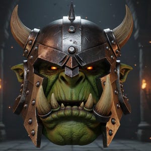 May include: A detailed digital rendering of an orc's head, featuring a green complexion, large tusks, and glowing orange eyes. The orc is wearing a weathered metal helmet with horns and rivets, suggesting a fantasy or gaming theme.