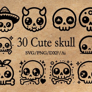 30 niedliche Schädel svg svg, lustige Schädel svg, kawaii Schädel svg, lustige Schädel svg, Schädel png dxf Datei für Cricut, Scherenschnitt SVG