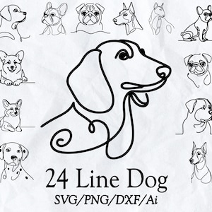 Paquete de imágenes prediseñadas SVG de 24 líneas de perros: 115 razas, arte lineal digital y perros vectoriales minimalistas, archivos SVG para Cricut, sublimación, descarga digital
