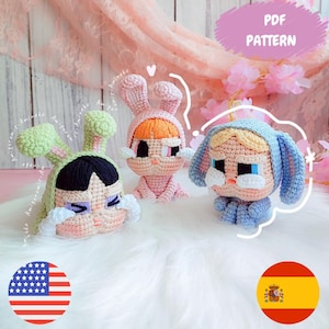 Puede incluir: Tres muñecas de conejito hechas a mano con ganchillo en colores pastel. Una es verde, otra rosa y otra azul. Cada muñeca tiene un peinado y una expresión facial únicos. La imagen incluye el texto "PDF PATTERN".