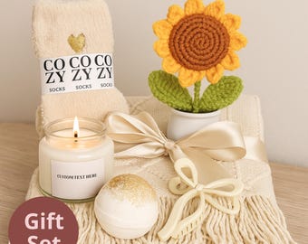 Cozy Bridal Gift Box: Blanket, Soy Candle, Crocheted Sunflower & Bath Bomb