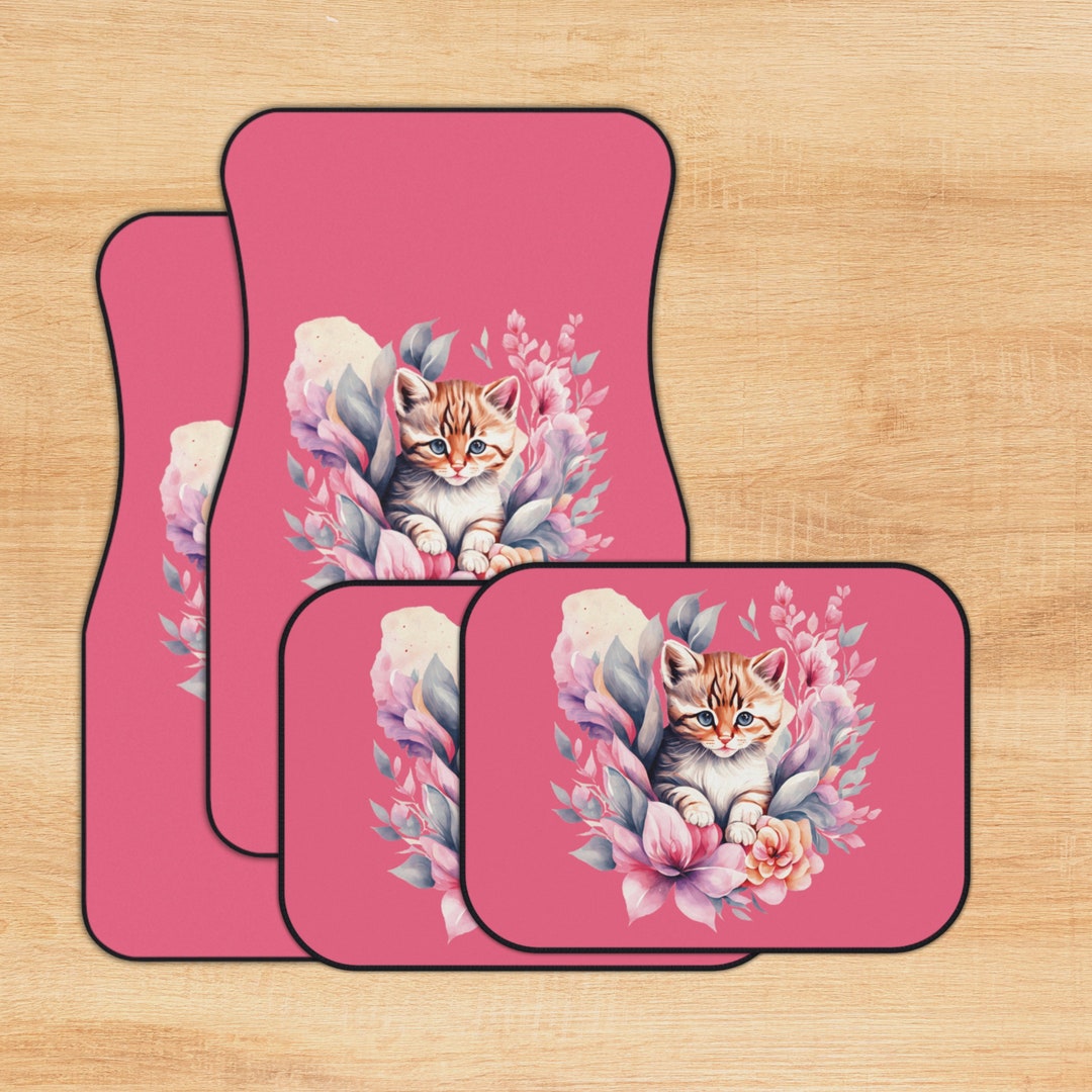 Floral Cat Car Floor Mats, Botanical Cat Car Interior Decor, Unique