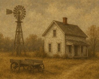 May include: Sepia-toned artwork of a rural scene featuring a farmhouse, windmill, and a wooden cart. The house has a porch and chimney. The windmill stands tall, and the cart is in the foreground. The artwork evokes a sense of nostalgia.