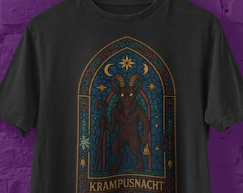 Stained Glass Krampus T-Shirt, Gothic Christmas Shirt, Krampusnacht Folklore Tee, Dark Holiday Graphic Shirt, Gothic Cathedral Monster Art