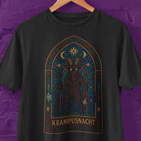 Stained Glass Krampus T-Shirt, Gothic Christmas Shirt, Krampusnacht Folklore Tee, Dark Holiday Graphic Shirt, Gothic Cathedral Monster Art
