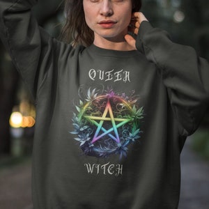 Queer Witch Rainbow Pentacle Pride Sweatshirt - Mystical LGBTQ+ Symbol Sweatshirt - Queer Pagan Floral Gothic Top