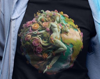 May include: A black t-shirt with a graphic print of a woman with flowing green hair and a floral design, standing on a globe. The globe is surrounded by flowers and greenery.